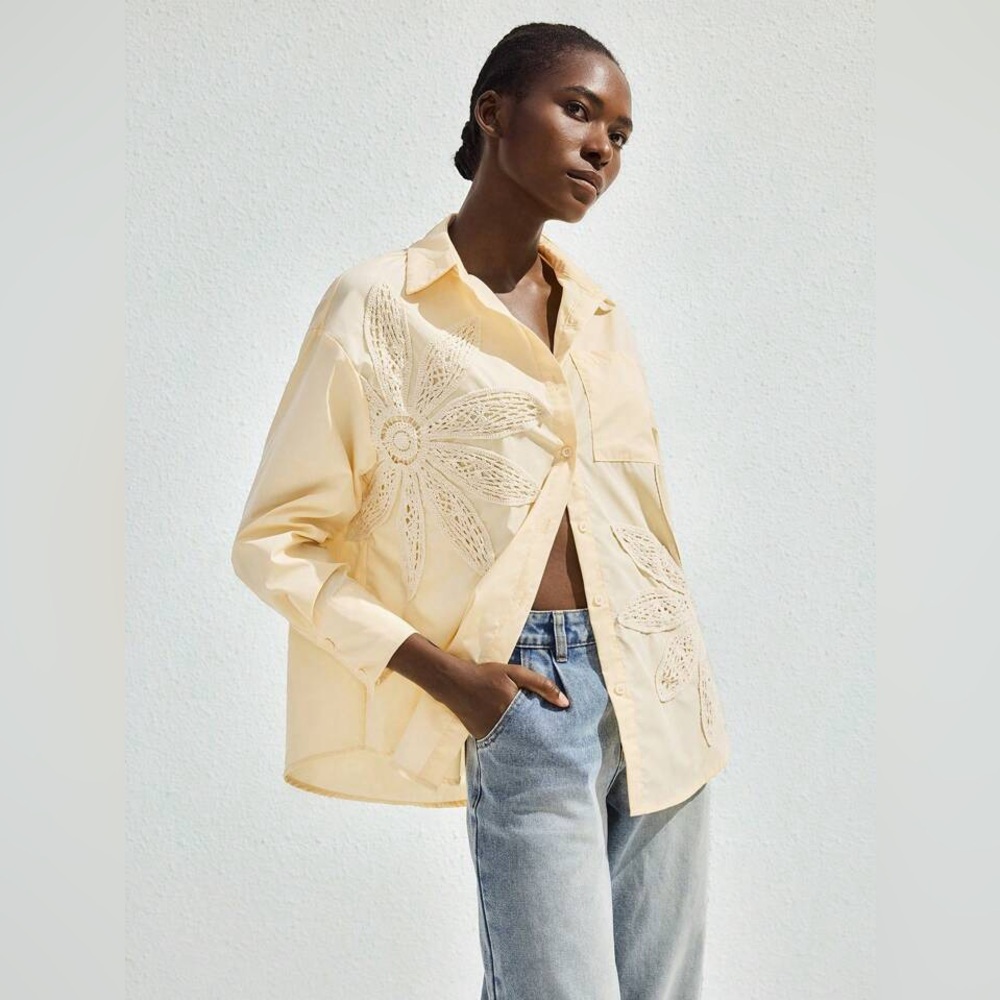 White Long Sleeve Button-Up Shirt with Crochet Embroidery Maija by SHEIN Size XS - Picture 8 of 10